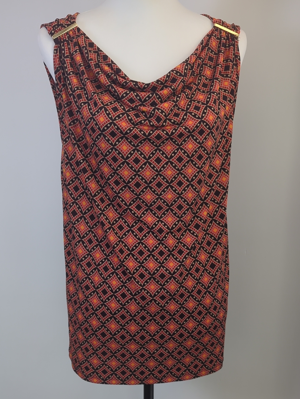 Jones New York Geometric Diamond Print Cowl Neck Sleeveless Blouse Gold Detail